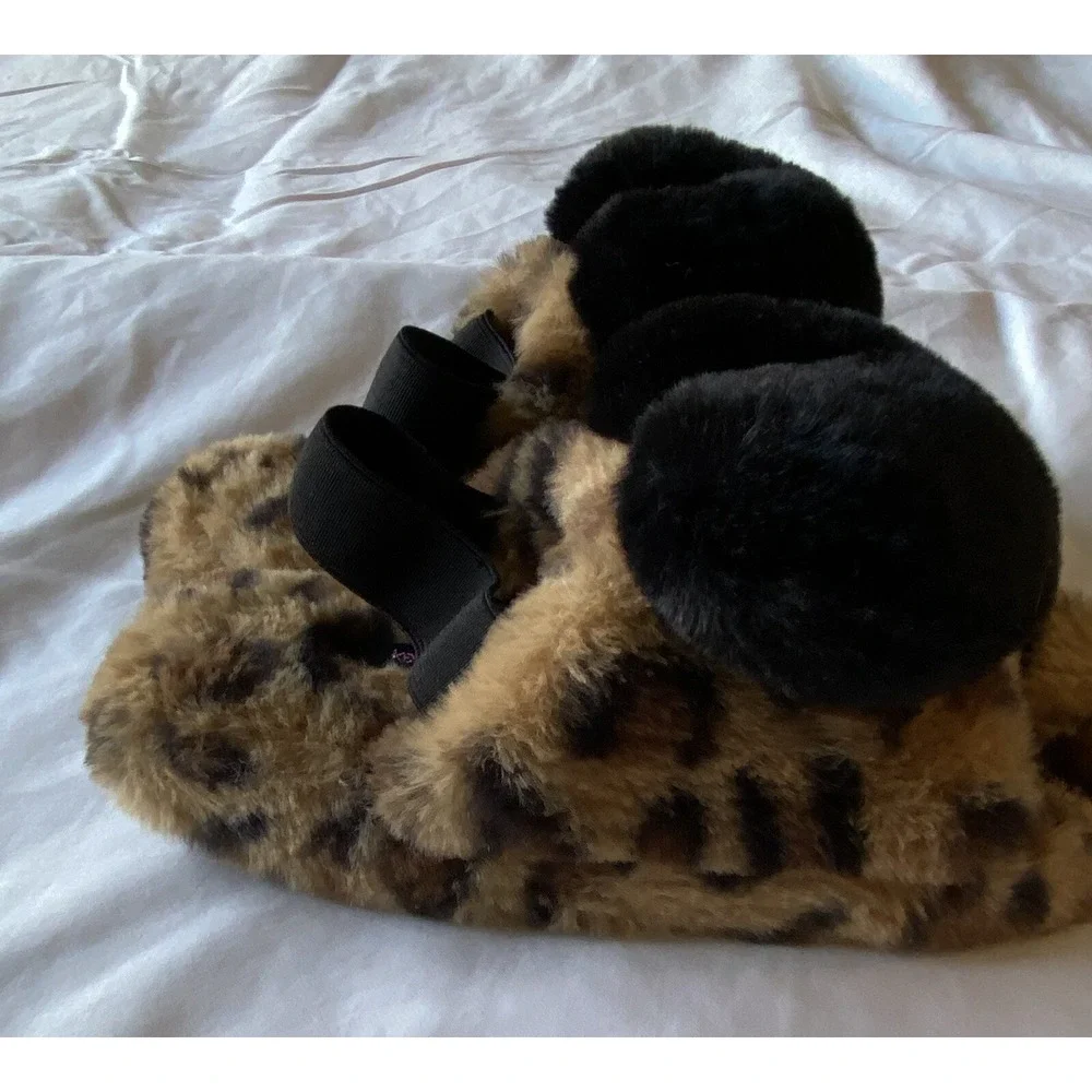 Kensie Girl Large L 2/3 Animal Print Slippers Heart Slingback Open Toe Faux Fur